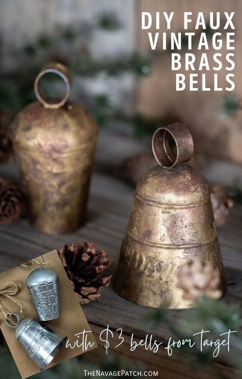 Diy Christmas Bell Ornaments, Christmas Bells Diy, Diy Vintage Christmas, Vintage Christmas Bells, How To Make Metal, Xmas Bells, Brass Christmas, Antique Bell, Gold Diy