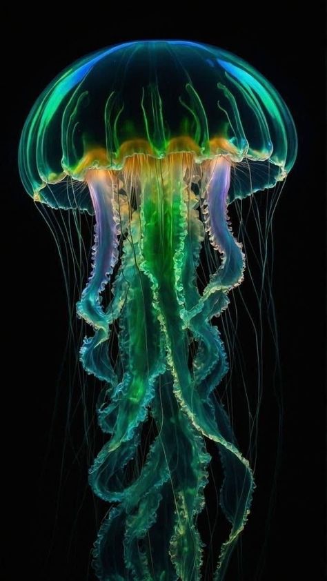 Green Jellyfish Aesthetic, Real Jellyfish, Octopus Photography, Green Jellyfish, Bioluminescent Jellyfish, Ocean Creatures Art, Mythical Sea Creatures, Jellyfish Pictures, Colorful Jellyfish