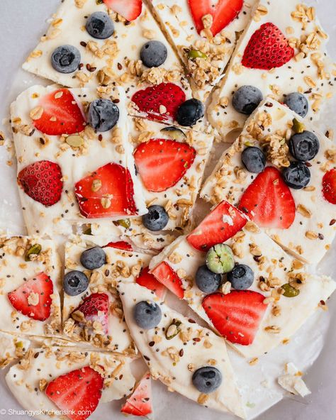 This yogurt bark is going to be your favorite treat this summer! it is perfect to add your favorite fruit and nut blend to and topping it with granola. It is the perfect little sweet treat to store in your freezer and enjoy on a hot spring or summer day! IT is highly customizable, so dress it up how you like! #greekyogurt #yogurtbark #berriesandcream #granolabark Yogurt Bark With Graham Cracker, Greek Yogurt Bark, Yogurt Bark, Honey Yogurt, Hot Spring, Frozen Yogurt, Sweet Treat, Summer Day, Graham Crackers