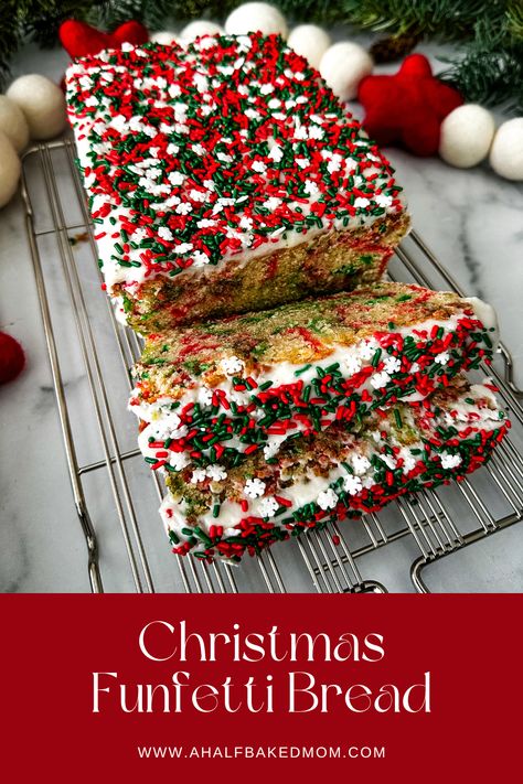 This Christmas Funfetti Bread is a delightful twist on a classic bread recipe. What sets this bread apart is the addition of colorful sprinkles, which create a festive and cheerful appearance. As you slice into the bread, you'll be greeted with bursts of red and green sprinkles, instantly putting you in the holiday spirit. Funfetti Bread, Vegetarian Christmas, Christmas Sprinkles, Baking Flour, Easy Delicious, Sweet Taste, Bread Recipe, Christmas Desserts, Baking Ingredients