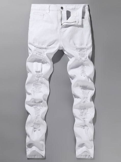 Blanco  Collar  Mezclilla Liso Pantalón pitillo Embellished Elástico Alto  Mezclilla para hombre White Ripped Jeans Outfit Men, White Ripped Jeans Outfit, White Jeans Outfit Men, Drip Usa, Grey Jeans Men, White Pants Outfit, Ripped Jeans Outfit, Jeans Outfit Men, White Ripped Jeans