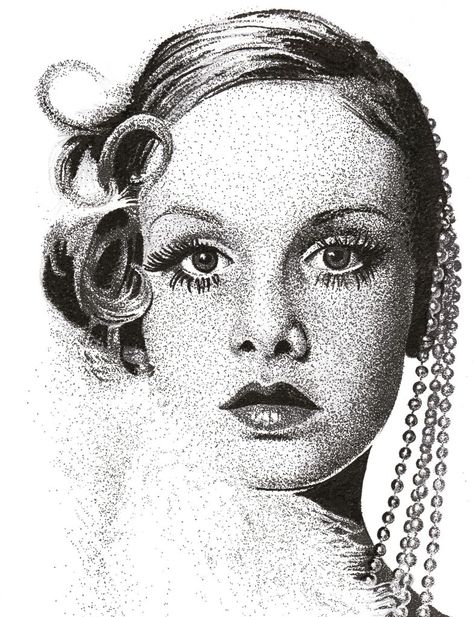 Twiggy Pointalism Portrait, Stipple Portrait, Pointillism Portrait, Stippling Art Portraits, Pointalism Art, Stippling Drawing, Kawaii Girl Drawings, Spider Drawing, Stippling Art