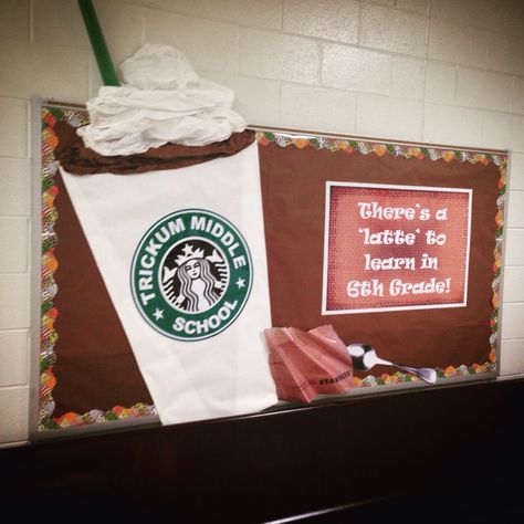 Starbucks themed school bulletin board!  I thought it was a good idea until my crazed hankering for a coffee set in... Starbucks Bulletin Board, Coffee Bulliten Board, Classroom Starbucks, Starbucks Classroom Theme, Starbucks Classroom Transformation, Starbucks Themed Bulletin Board, New Year Classroom Door, New Year Classroom, Starbucks Classroom