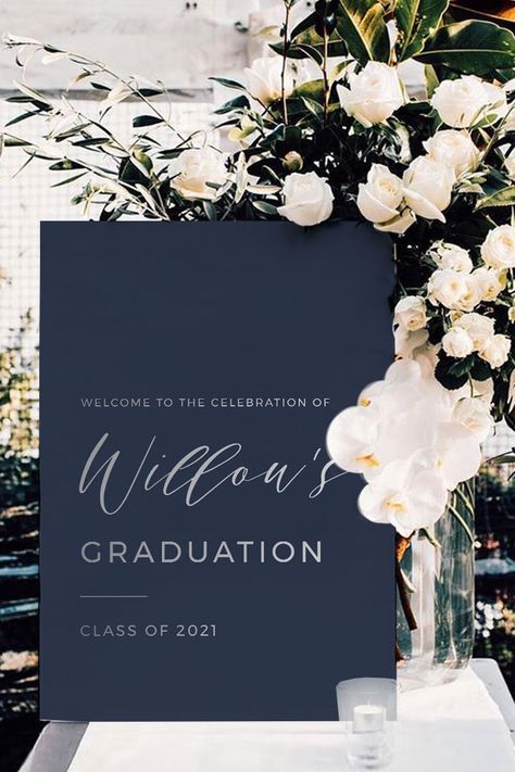 CLASSIC NAVY & SILVER MINIMALIST GRADUATION PARTY WELCOME SIGN PRINTABLE TEMPLATE Graduation Party Ideas University, Graduation Dinner Table Decorations, Graduation Aesthetic Party, College Graduation Table Decorations, Graduation Dinner Decor, Mba Party Ideas, Big Graduation Party, Graduation Hall Decorations, Luxury Graduation Party Ideas