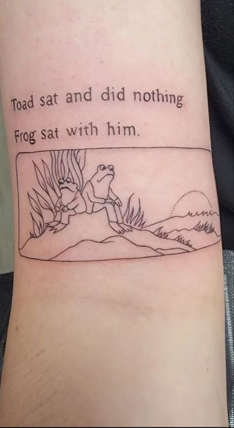 Frog And Toad Matching Tattoo, Frog And Toad Tattoos, The White Rabbit Tattoo, Impulsive Tattoos, Frog And Toad Tattoo, Movie Quote Tattoos, White Rabbit Tattoo, Leg Patchwork, Tats Ideas