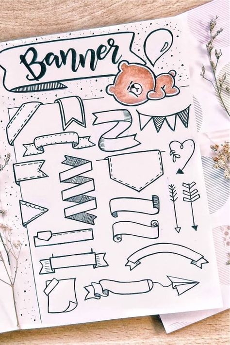 Check out these super cute bullet journal bbanner doodle ideas for inspiration! #bujodoodle #bulletjournal #doodles #bujobanner Decoration For Journal, 1st Page Decoration Ideas, Note Book Decoration Ideas, Bullet Journal Drawing Ideas, Idea For School, Banners Ideas, Doodles Ideas, Bullet Journal Headers, Bullet Journal Banner