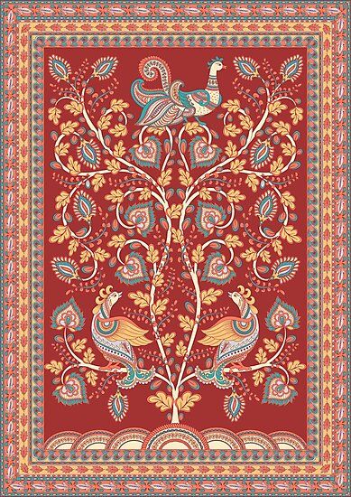 Tree with flowers, peacocks on the branches, openwork frames, burgundy background. A rectangular composition in the #Indian #folk style Kalamkari. #kalamkari #christmasgift #print Tree With Flowers, Burgundy Background, Folk Style, Folk Fashion, Flowering Trees, Peacocks, Create Image, Custom Artwork, Print Images