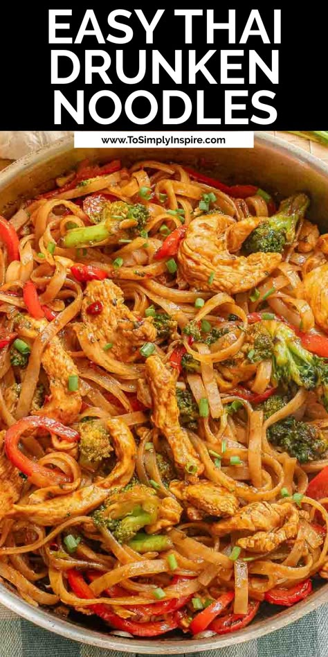 A skillet full of a thai drunken noodles recipe with rice noodles, chicken and red bell peppers and broccoli. Asian Rice Noodle Recipes Stir Fry, Thai Chicken Noodles Stir Fry, Chicken Broccoli Stir Fry Noodles, Spicy Noodles And Chicken, Healthy Chicken Stir Fry With Noodles, Rice Noodles Dishes, Brown Rice Noodles Stir Fry, Healthy Thai Noodle Recipes, Kimchi Rice Noodles