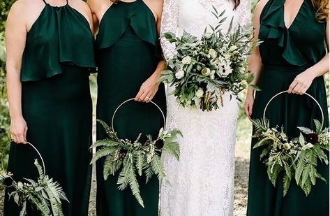 Emerald Green Bridesmaids' Dresses & Fern Hoop Bouquets   #bridesmaids #emeraldgreen #ferns #weddingflowers #weddingcolorscheme #greenwedding #fallwedding #winterwedding #bellabridesmaids #akroncantonwedding Bridesmaid Wreath, Glamping Weddings, Green Themed Wedding, Emerald Green Weddings, Beautiful Wedding Flowers, Unique Wedding Flowers, Celtic Wedding, Green Bridesmaid, Irish Wedding