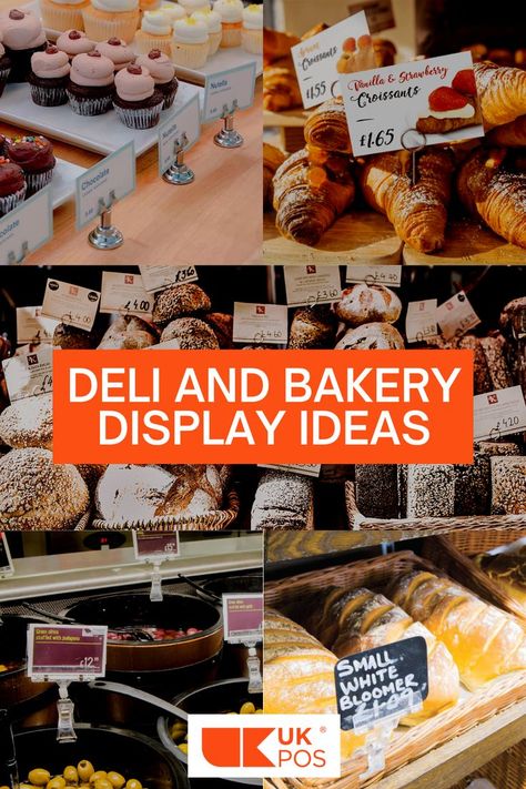 Food label holders and other bakery display ideas and signage options Bake Shop Interior Design, Bakery Case Display, Bakery Craft Show Display, Deli Shop Ideas, Bakery Case Display Ideas, Deli Display Ideas, Deli Ideas Business, Deli Counter Display Ideas, Diy Bakery Display Case