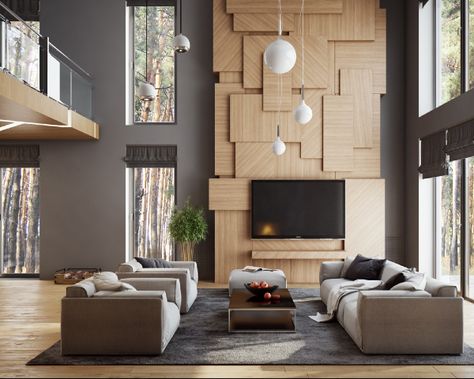 Contemporary Living Room Design, Modern Tv Wall, Wall Panel Design, Double Height, Tv Wall Design, Modern Houses Interior, Interior Wall Design, Interior Modern, Large Wall Decor