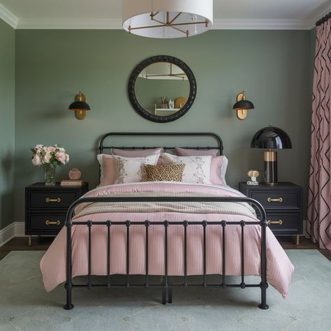 Mix sage green with black for a bold contrast Black Green And Pink Bedroom, Black Pink And Green Bedroom, Sage And Black Bedroom, Sage Green And Black Bedroom, Sage Green With Black, Vibe Bedroom Ideas, Mauve Bedroom, Sage Green And Black, Sage Green Bedroom Ideas