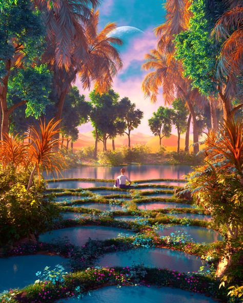 Tropical Kingdom Fantasy Art, Fantasy Oasis Art, Paradise Fantasy Art, Oasis City Fantasy Art, Oasis Fantasy Art, Tropical Fantasy Art, Oasis Concept Art, Fantasy Island Art, Fantasy World Inspiration