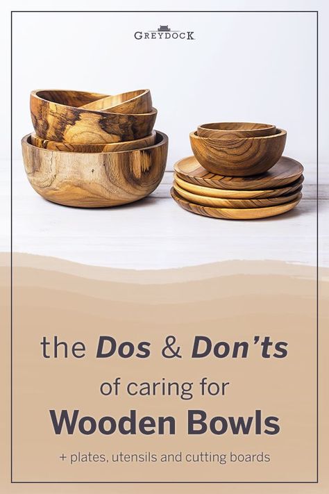 Wooden bowls add a special warmth to any kitchen, and when taken care of, can last for generations. But you’ve probably noticed they lose their luster if you use them regularly. Fret not—while cleaning and caring for wooden bowls and other dishware seems like too much extra work, it’s not that bad! Click through to find out the dos and don'ts. #woodenbowls # Wood And Ceramic Tableware, Wooden Bowls Decor, Wooden Dinnerware, Wooden Plates And Bowls, Wooden Kitchenware, Rustic Dinnerware, Wood Plates, Wood Dishes, Wooden Salad Bowl