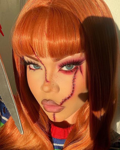 Chucky Halloween Costume Makeup, Chuky Halloween Costume Women, Chucky Makeup Look, Chucky Costume Makeup, Halloween Chucky Makeup, Women Chucky Makeup, Chucky Outfit Ideas, Chuckie Makeup, Halloween Makeup Chucky