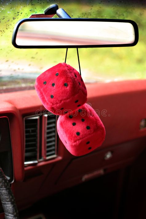 Dice Hanging From Mirror, Fuzzy Mirror, Fuzzy Dice, Red Dice, Car Mirror Hangers, Mirror Hangers, Red Mirror, Car Rearview Mirror, Chicano Art