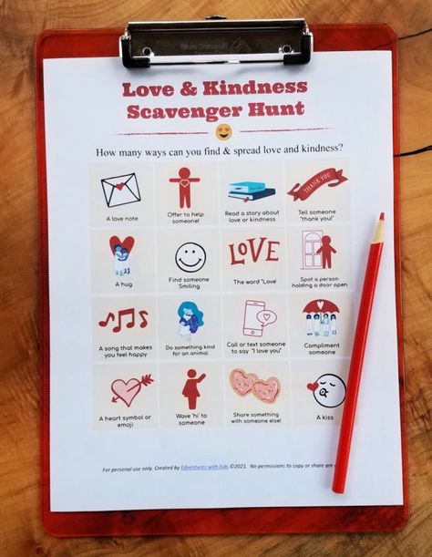 Inspire kids to find love and kindness around them with this FREE printable Kindness Scavenger Hunt - a fun activity to do at home or in school! Kindness Scavenger Hunt, Kindness Worksheet, Science Project Ideas, February Activity, Kindness Challenge, Compliment Someone, Kindness Activities, Learning Games For Kids, Scavenger Hunt For Kids