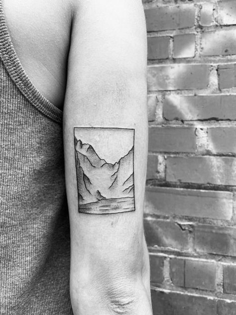 Rectangle Landscape Tattoo, Framed Mountain Tattoo, Minimalist Lake Tattoo, Lake And Mountain Tattoo, Minimalist Landscape Tattoo, Simple Landscape Tattoo, Simple River Tattoo, Fine Line Landscape Tattoo, Simple Waterfall Tattoo