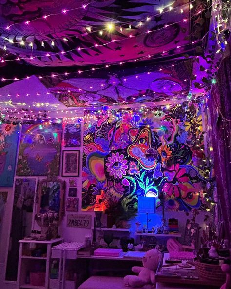 Follow me on tiktok to see more of my room @shrooomfairy 💗#room #roomdecoration #decor #aesthetic #amazon Room Ideas Aesthetic Clouds, Black Light Room Ideas, Psychadelic Room Aesthetic, Weird Core Room, Trippy Living Room Ideas, Blacklight Bedroom, Rave Room, Neon Room Ideas, Room Ideas Colorful