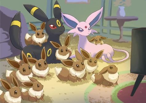 Pokemon Umbreon And Espeon, Goldeen Pokemon, Equipe Rocket Pokemon, Eevee Wallpaper, Eevee Cute, Umbreon And Espeon, Eevee Evolution, Pokemon Eevee Evolutions, Pokemon Fusion Art