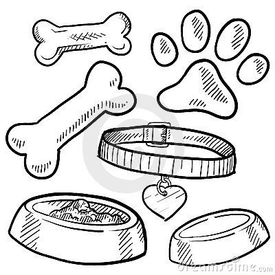 Pet dog items sketch by Lhfgraphics, via Dreamstime Dog Collar Sketch, Dog Bone Tattoo, Dog Collar Drawing, Dog Bone Drawing, Bone Doodle, Gear Sketch, Pets Furniture, Bone Drawing, Dogs Stuff