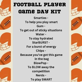 Get ready for game day with signage for goody bags - Smarties - To help you play smartGum - To get out of sticky situations Water - To stay hydrated StarBURST - For a burst of energyChips - Because youve got this game in the bagBlowPop - To BLOW away the competition Nerds - To play SMART*This is for a file to print for your own made goody bags* State Championship Goodie Bags, Football Spirit Bags Ideas, Homecoming Goodie Bags For Football, Game Day Treats For Players Goodie Bags, Senior Goodie Bags Gift Ideas, Football Candy Sayings, Football Team Goodie Bag Ideas, Football Swag Bag Ideas, Football Survival Kit Ideas