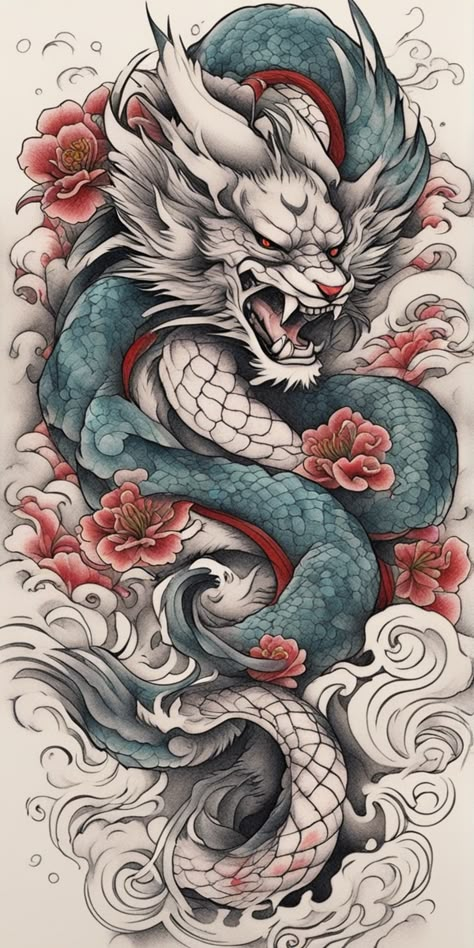 Explora esta fascinante imagen que ofrece una gama de ideas para tatuajes japoneses. Incluye desde peces Koi, oni (demonios), flores de cerezo, samurais, hasta kanjis con significados poderosos.¡Inspirate para tu próximo tatuaje! Oni And Dragon Tattoo, Japanese Water Dragon, Hydra Tattoo, Dragon Koi Tattoo Design, Traditional Japanese Tattoo, Chinese Dragon Art, Koi Tattoo Design, Tiger Dragon, Dragon Tattoo Art