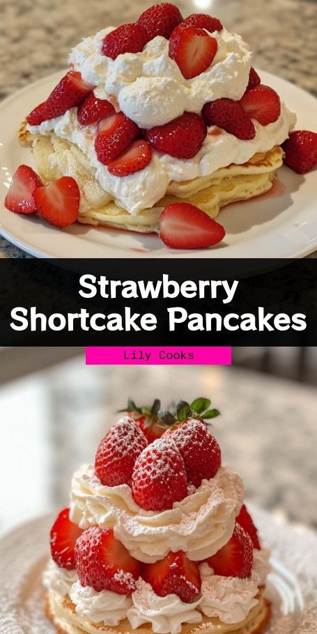 Indulge in the sweet flavors of classic strawberry shortcake, reimagined as fluffy pancakes topped with fresh strawberries and luscious vanilla cream. Ideal for weekend brunches or special breakfast occasions, this easy recipe will satisfy your sweet cravings! #StrawberryShortcake #PancakeHeaven #BreakfastTreats #SweetBrunch #HomeCooking #BrunchLovers #DessertForBreakfast #FluffyPancakes #IndulgentEats #WeekendBrunch One Pancake Recipe, Classic Strawberry Shortcake, Pancakes Fluffy, Sweet Brunch, Pancake Cake, Strawberry Pancakes, Pumpkin Spice Donut, Strawberry Glaze, Tasty Pancakes