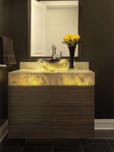 “powder room, backlit onyx vanity” Onyx Sink, Onyx Countertops, Powder Room Design Ideas, Contemporary Powder Room, Condo Bathroom, Vanity Makeover, Bathroom Vanity Makeover, Stone Bathroom, Powder Room Design