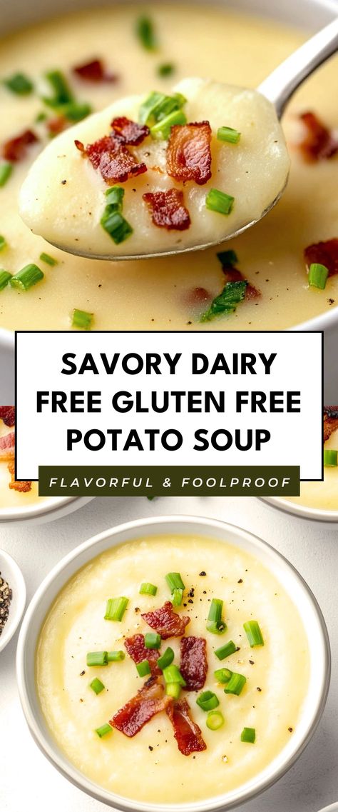 Image for Savory Dairy Free Gluten Free Potato Soup Easy Soup Recipes Non Dairy, Creamy Soup Dairy Free, Potato Soup Dairy Free Gluten Free, Potato Soup Crock Pot Dairy Free, Non Dairy Potato Soup Recipes, Dairy Free Potato Soup Instant Pot, Soups Without Dairy, No Dairy Potato Soup, Hearty Gluten Free Soups