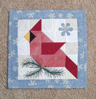 Cardinal mini quilt Seasonal Mini Quilts, Cardinal Quilt Pattern, Winter Quilt Blocks Free Pattern, Cardinal Quilt Block Pattern Free, Winter Quilt Blocks, Cardinal Quilt Block Pattern, Cardinal Quilts, Cardinal Quilt Block, Easter Quilts Wall Hangings