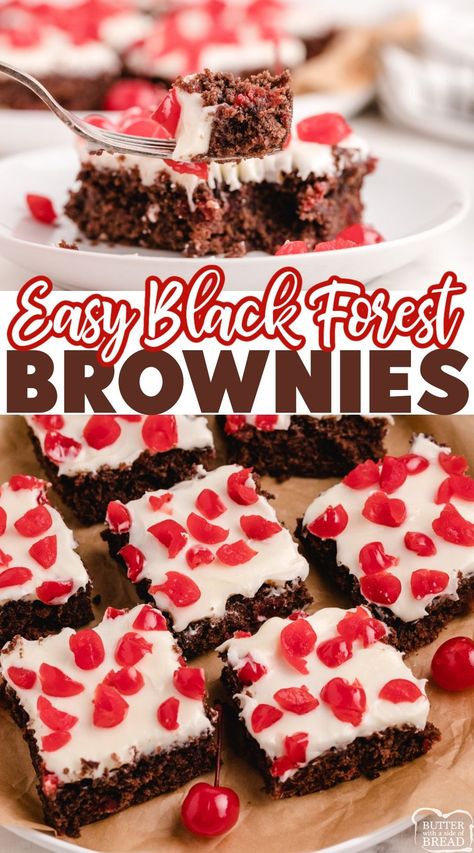 Easy Black Forest Brownies made with a brownie mix, a simple homemade frosting and chopped maraschino cherries. Simple brownie recipe that combines chocolate and cherry in a delicious way. Black Forest Brownies Easy, Simple Brownie Recipe, Black Forest Brownies, Blondie Recipes, Holiday Baking List, Yummy Desserts Easy, Maraschino Cherries, Square Recipes, Homemade Frosting