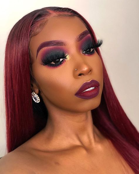 Blondes ain’t got nothing on red heads PERIOD👀‼️ So I haven’t done a Smokey eye in a minute...wow, I’m in love♥️ Look #4 Inspired by a… Burgundy Eyebrows, Burgundy Smokey Eye, Woc Makeup, Maquillage On Fleek, Smokey Eyeshadow, Birthday Headband, Makeup For Black Skin, Face Beat, Red Heads