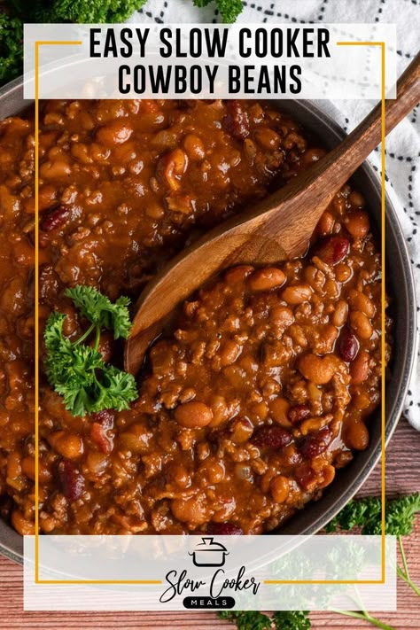 Cowboy beans in bowl with a wooden spoon. Slow Cooker Cowboy Beans, Easy Potluck Side Dishes, Ground Beef And Beans, Beans With Ground Beef, Baked Bean Casserole, Beans Recipe Crockpot, Beef And Beans, Slow Cooker Bbq Beef, Baked Beans Crock Pot