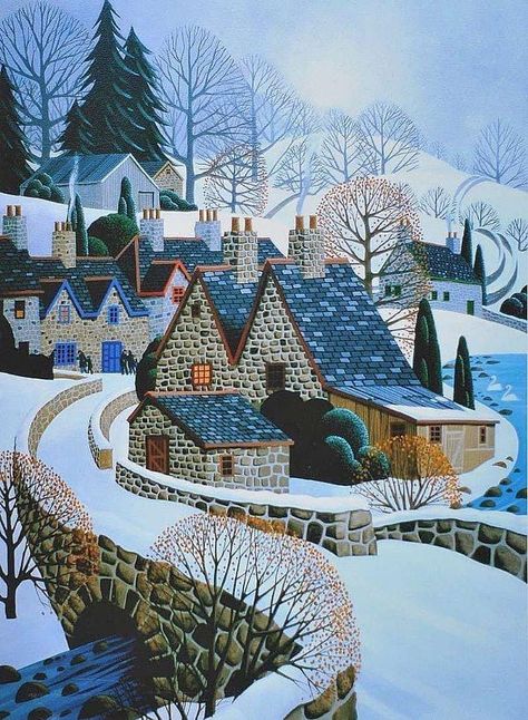 George Callaghan, Winter Artwork, Arte Folk, Landscape Quilt, Art Village, Winter Illustration, Architecture Tattoo, Winter Art, Naive Art