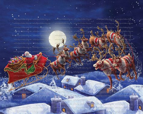 Excited to share this item from my #etsy shop: Santa Reindeer Sleigh Printable Wall Art Decor Vintage Christmas Moon Reindeer in Flight Night Old Picture #1209 Roof Pictures, Santa And His Sleigh, Christmas Moon, Reindeer Sleigh, Santa And His Reindeer, Diy Canvas Wall Art, Santa Reindeer, Christmas Canvas, Christmas Wall Art