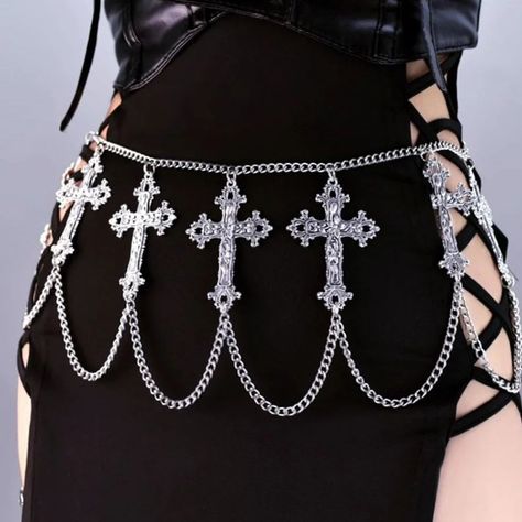 WANT or NEED? 🖤 🌹 Cross Chain Waist Belt available now at rockndollstore.com 🦇 Free Shipping Worldwide 🦇 . . . #gothclothes #altgoth #alternativelook #goth #gothic #gothgirl #alternativestyles #gothootd #fashionideas #gothaesthetic #gothfashion #darkfashion #gothlife #gothvibes #ootd #altfashion #gothbabe #gothmodel #gothstyle #black #metal #metalgirl #gothicstyle #metalheadgirl #outfitinspo #gothicfashion #outfitinspiration #metalchick #gothgrunge #gothicgirl Dance Costumes Hip Hop, Chain Skirt, One Piece Jumper, Gothic Crosses, Retro Costume, Metal Accessories, Waist Chain, Chain Belt, Silver Accessories