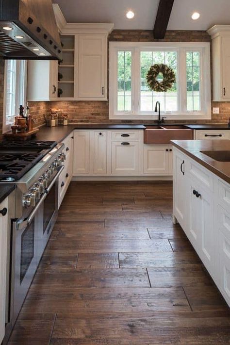 Kitchen With Brick, Brick Kitchen, Brick Backsplash, Open Kitchen Shelves, Dream Kitchens, Up House, Kitchen Redo, Farmhouse Kitchen Decor, Wood Flooring