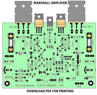 Hello Electronic DIY'ers, on this occasion I will share a PCB Layout file for Marshal V.120PA power amplifier. Where this power amplifier circuit is very suitable for guitar amplifiers, the power output can reach 100W with an adequate power supply, you can use a symmetrical power supply, ranging from a voltage of 25VDC-45VDC, a minimum of 5 amps Guitar Amplifier Schematic, Rangkaian Elektronik Amplifier, Power Amplifier Audio, Marshall Bluetooth, Diy Guitar Amp, Mini Amplifier, Mobile Tricks, Hifi Amplifier, Amplifier Audio