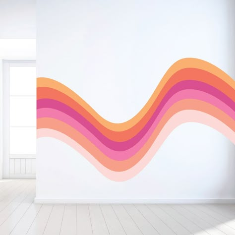 Wavy Retro Stipe Wall Decal Colorful Rainbow Wall Art Sticker Retro Rainbow Wall Decal Nursery Rainbow Wall Sticker - Etsy Accent Art Wall, 70s Wavy Wall Art, Squiggle Line Wall Paint, Simple Diy Wall Mural, Retro Wall Decals, Rainbow Wall Design, Swirly Wall Paint, Preppy Accent Wall, Wavy Wall Design