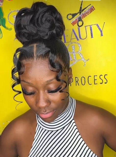 Braids Maid Hairstyles For Black Women, High Ponytail Styles For Wedding, Big Curly Ponytail Weave, Prom Bun Black Women, Loose Ponytail Hairstyles Messy Pony, Updo With Weave For Black Women, Chinese Bun Hairstyle Black Women, Bun Hairstyles For Black Women Weave, Up Do For Black Women