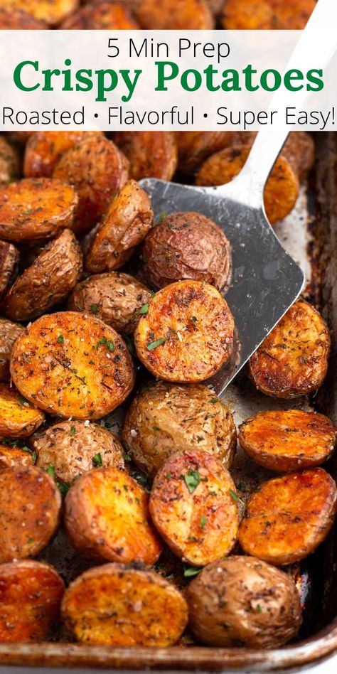 Enjoy perfectly crispy Oven Roasted Potatoes with minimal effort! In just 5 minutes of prep time, you can have a tasty and versatile side dish. Whether you use gold, red, or baby potatoes, and dried herbs, this easy-to-prepare recipe is sure to be a hit. Roasted New Potatoes Crispy, Cooking Small Potatoes In Oven, Potato Recipes Oven Roasted, Potatoes Oven Recipes, Crispy New Potatoes Recipes, Oven Potatoes Baked, Small Oven Roasted Potatoes, Yellow Roasted Potatoes In Oven, Easy Roast Potatoes