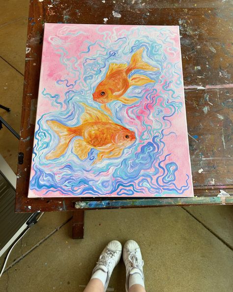 Swipe to unpaint the fishies 👉🏼 This was my first time properly painting goldfish using acrylic, before I’d only ever painted them with watercolors. And let me just say I liked using acrylic soooo much more (also I’m resisting the urge to name this one “Us as Fish II,” please give me name suggestions 😂) Fish Painting Acrylic, Goldfish Painting, Lil Drawings, Draw Dog, Resisting The Urge, Fish Acrylic, Drawings Inspo, 2024 Art, Easy Love Drawings