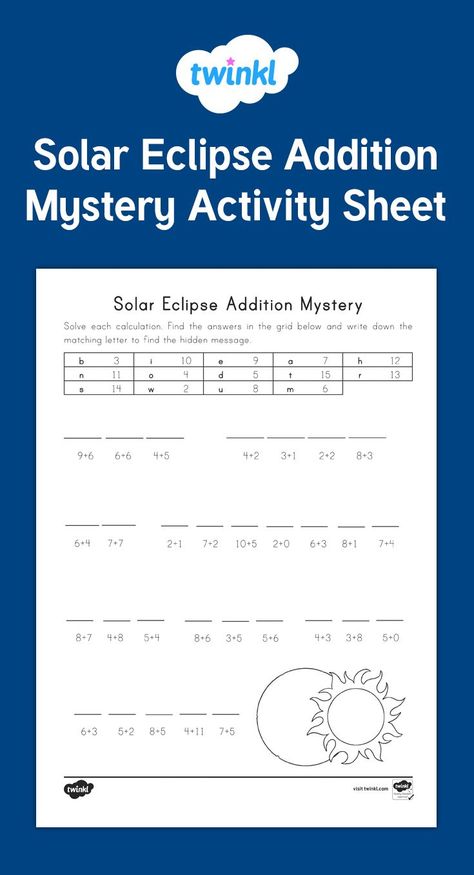 A fun Solar Eclipse Math Mystery that students solve using addition and a code - Twinkl Eclipse Activities, Solar Eclipse Activity, Eclipse Party, Math Mystery, Solar Eclipse 2017, Math Sheets, Eclipse Solar, Halloween Worksheets, Science Tools