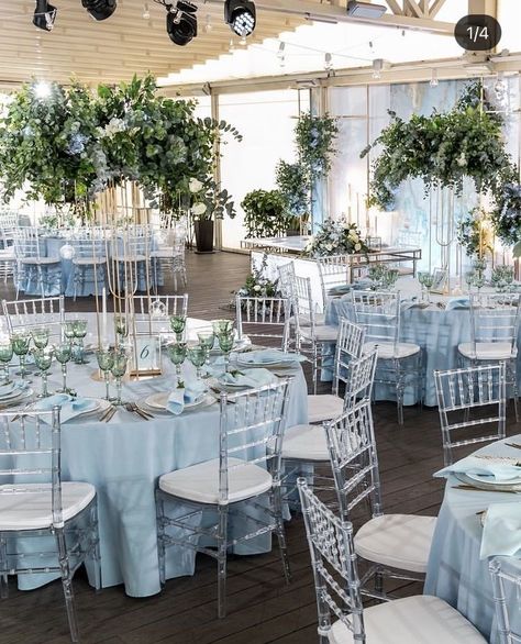 Baby Blue Engagement Decoration, Blue And White Wedding Venue Ideas, Sky Blue Theme Birthday Party, Powder Blue Theme Wedding, Light Blue And White Wedding Decorations, Pastel Blue Wedding Decorations, Light Blue Bridal Dress, Light Blue 15 Decorations, Powder Blue Wedding Decor