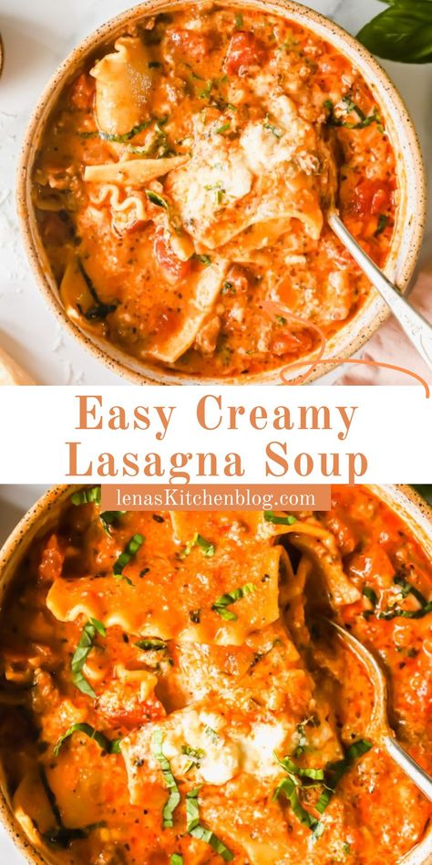 This Easy Creamy Lasagna Soup​​ is picky-eater approved! Made with a comforting mix of ground beef, Italian herbs, cream, and lasagna noodles, every bite has all of the flavors of lasagna but is ready to eat in half the time. Stovetop, Instant Pot, and slow cooker instructions included. Easy One Pot Lasagna Soup, Dump And Go Creamy Lasagna Soup, Tuscan Lasagna Soup, Yummy Fast Dinners, Cold Day Dinner Recipes, Lasagna Soup With Oven Ready Noodles, Vodka Sauce Lasagna Soup, Easy Creamy Lasagna Soup, Lasagna Soup With Ground Turkey