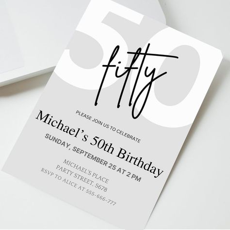 Editable Minimal Grey 50th Birthday Invite Invitation Card Design 50 Birthday, Grey Invitation Template, Bday Invitation Cards, Birthday Invitation Card Design, Bday Invitation Card, 50th Birthday Invite, Personalized Frames, 50th Birthday Celebration, 50th Birthday Invitation