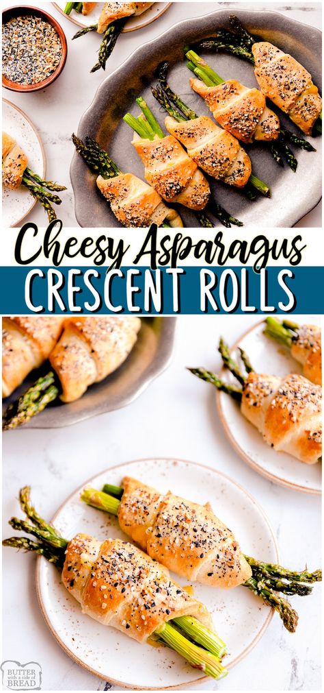 Asparagus crescent rolls are a deliciously simple appetizer made with fresh asparagus, crescent rolls & cheese! Flavorful vegetable dish that's perfect with dinner or at a party! #asparagus #crescentrolls #cheesy #appetizer #easyrecipe from BUTTER WITH A SIDE OF BREAD Crescent Roll Wrapped Asparagus, Crescent Roll Asparagus, Asparagus Bread Rollups, Asparagus Cream Cheese Rolls, Asparagus Sandwiches Roll, Asparagus Crescent Rolls, Asparagus Roll Ups, Asparagus Puff Pastry Bundles, Asparagus Appetizer