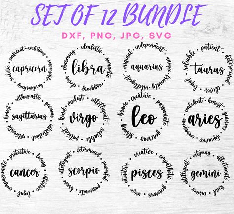 Set of 12 Horoscopes, Zodiac Sign, Horoscope Bundle, Horoscope Signs with traits, cute zodiac sign designs, svg, dxf, svg files from cricut by NRCDesign on Etsy Cricut Tricks, Astrology Love Compatibility, Etsy Tshirt, Astrology Signs Compatibility, Astrology Signs Dates, Cute Zodiac, Zodiac Compatibility Chart, Zodiac Svg, Cricut Projects Easy