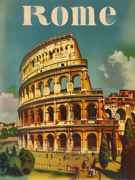 Welcome to our captivating Rome Colosseum Travel Poster listing! This stunning piece of art celebrates one of Italy's most treasured landmarks, the majestic Colosseum. With its retro design and vintage charm, the poster exudes a classic European vibe, perfect for any travel enthusiast or history buff.

Featuring the ancient Colosseum, this poster illustrates the architectural wonder in exquisite detail, with warm earthy tones that evoke the rich history of Rome. Europe Graphic Design, Colosseum Illustration, Rome Poster, Italy Travel Poster, Vintage Italian Travel Posters, Vintage Travel Posters Italy, Rome Travel Poster, Italian Wall Art, Italy Magazine